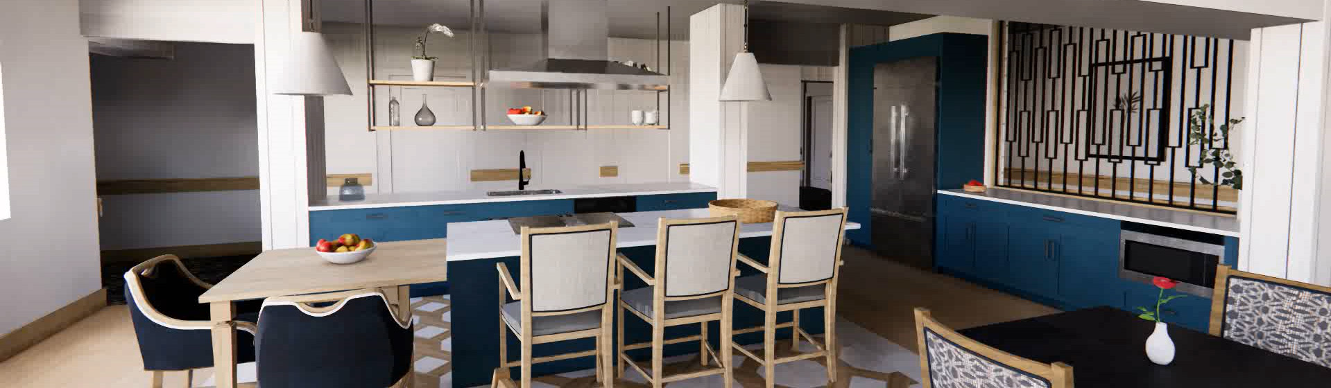 a kitchen with blue cabinets and white counter tops